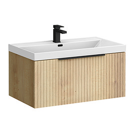 Milan Fluted 800mm Autumn Oak 1-Drawer Wall Hung Vanity Unit with Matt Black Handle