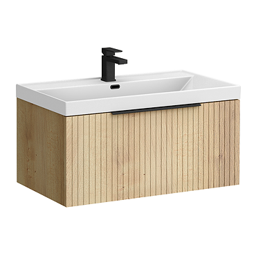 Milan Fluted 800mm Autumn Oak 1-Drawer Wall Hung Vanity Unit with Matt Black Handle