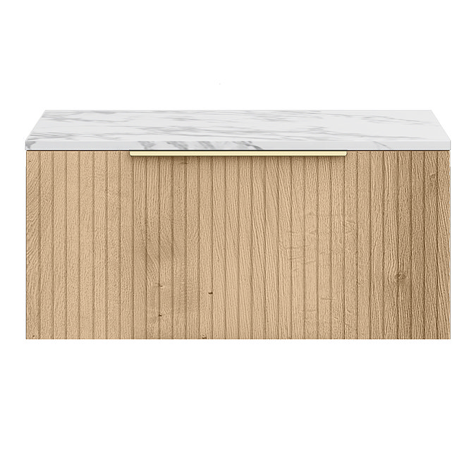 Milan Fluted 800mm Autumn Oak Vanity Unit - Wall Hung 1 Drawer Unit with Carrara Marble Worktop & Brushed Brass Handle