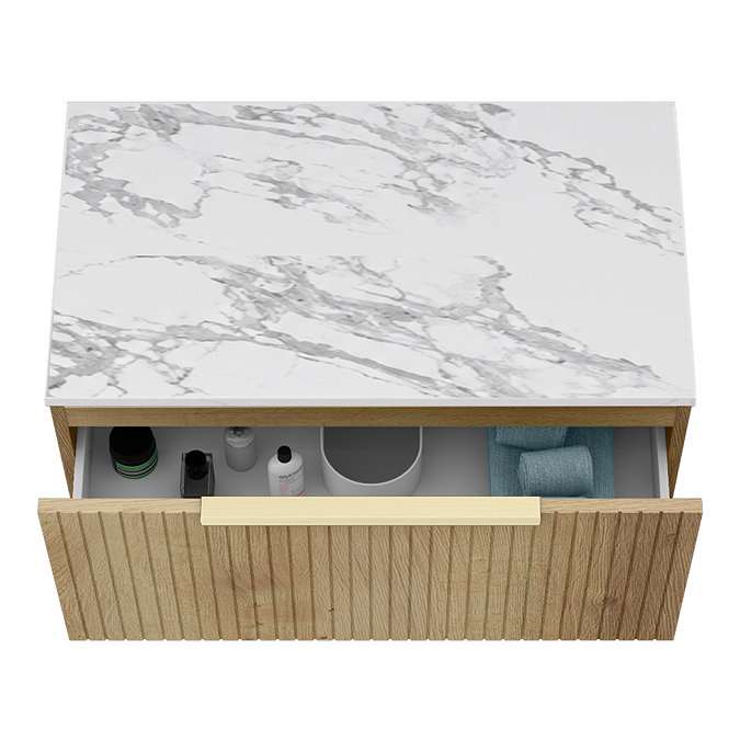 Milan Fluted 800mm Autumn Oak Vanity Unit - Wall Hung 1 Drawer Unit with Carrara Marble Worktop & Brushed Brass Handle