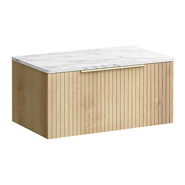 Milan Fluted 800mm Autumn Oak Vanity Unit - Wall Hung 1 Drawer Unit with Carrara Marble Worktop & Brushed Brass Handle