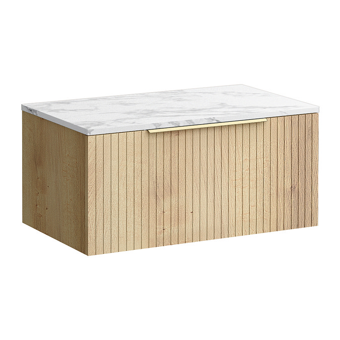 Milan Fluted 800mm Autumn Oak Vanity Unit - Wall Hung 1 Drawer Unit with Carrara Marble Worktop & Brushed Brass Handle