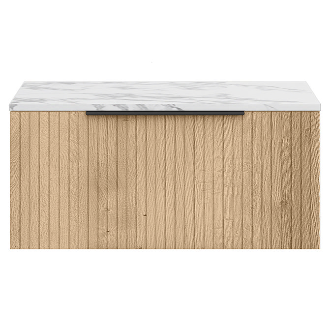 Milan Fluted 800mm Autumn Oak Vanity Unit - Wall Hung 1 Drawer Unit with Carrara Marble Worktop & Matt Black Handle