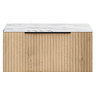 Milan Fluted 800mm Autumn Oak Vanity Unit - Wall Hung 1 Drawer Unit with Carrara Marble Worktop & Matt Black Handle
