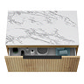 Milan Fluted 800mm Autumn Oak Vanity Unit - Wall Hung 1 Drawer Unit with Carrara Marble Worktop & Matt Black Handle