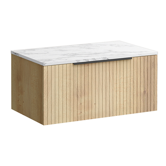 Milan Fluted 800mm Autumn Oak Vanity Unit - Wall Hung 1 Drawer Unit with Carrara Marble Worktop & Matt Black Handle