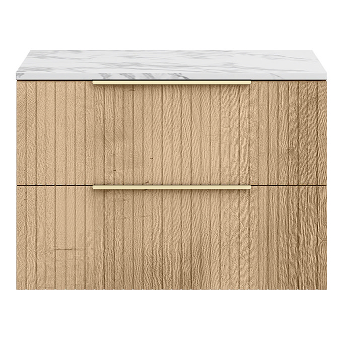 Milan Fluted 800mm Autumn Oak Vanity Unit - Wall Hung 2 Drawer Unit with Carrara Marble Worktop & Brushed Brass Handles