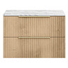 Milan Fluted 800mm Autumn Oak Vanity Unit - Wall Hung 2 Drawer Unit with Carrara Marble Worktop & Brushed Brass Handles