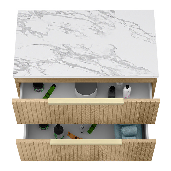 Milan Fluted 800mm Autumn Oak Vanity Unit - Wall Hung 2 Drawer Unit with Carrara Marble Worktop & Brushed Brass Handles