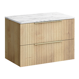 Milan Fluted 800mm Autumn Oak Vanity Unit - Wall Hung 2 Drawer Unit with Carrara Marble Worktop & Brushed Brass Handles