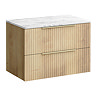 Milan Fluted 800mm Autumn Oak Vanity Unit - Wall Hung 2 Drawer Unit with Carrara Marble Worktop & Brushed Brass Handles