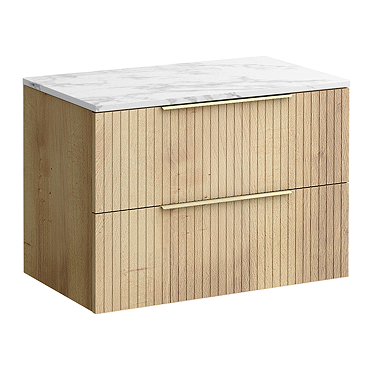 Milan Fluted 800mm Autumn Oak Vanity Unit - Wall Hung 2 Drawer Unit with Carrara Marble Worktop & Brushed Brass Handles