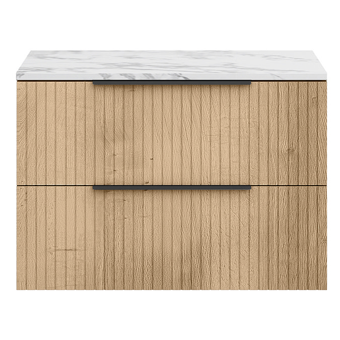 Milan Fluted 800mm Autumn Oak Vanity Unit - Wall Hung 2 Drawer Unit with Carrara Marble Worktop & Matt Black Handles