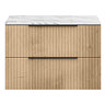 Milan Fluted 800mm Autumn Oak Vanity Unit - Wall Hung 2 Drawer Unit with Carrara Marble Worktop & Matt Black Handles