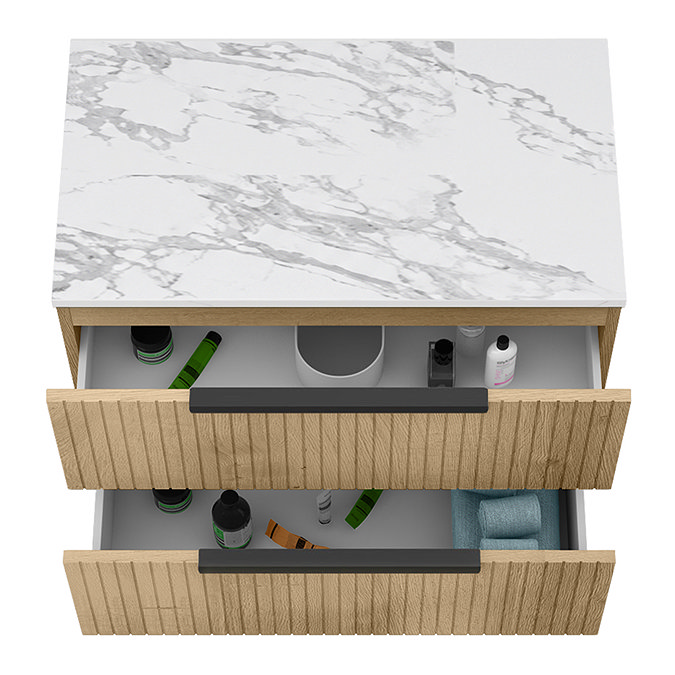 Milan Fluted 800mm Autumn Oak Vanity Unit - Wall Hung 2 Drawer Unit with Carrara Marble Worktop & Matt Black Handles