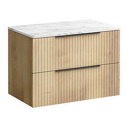 Milan Fluted 800mm Autumn Oak Vanity Unit - Wall Hung 2 Drawer Unit with Carrara Marble Worktop & Matt Black Handles