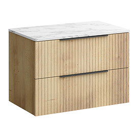 Milan Fluted 800mm Autumn Oak Vanity Unit - Wall Hung 2 Drawer Unit with Carrara Marble Worktop & Matt Black Handles