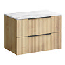 Milan Fluted 800mm Autumn Oak Vanity Unit - Wall Hung 2 Drawer Unit with Carrara Marble Worktop & Matt Black Handles