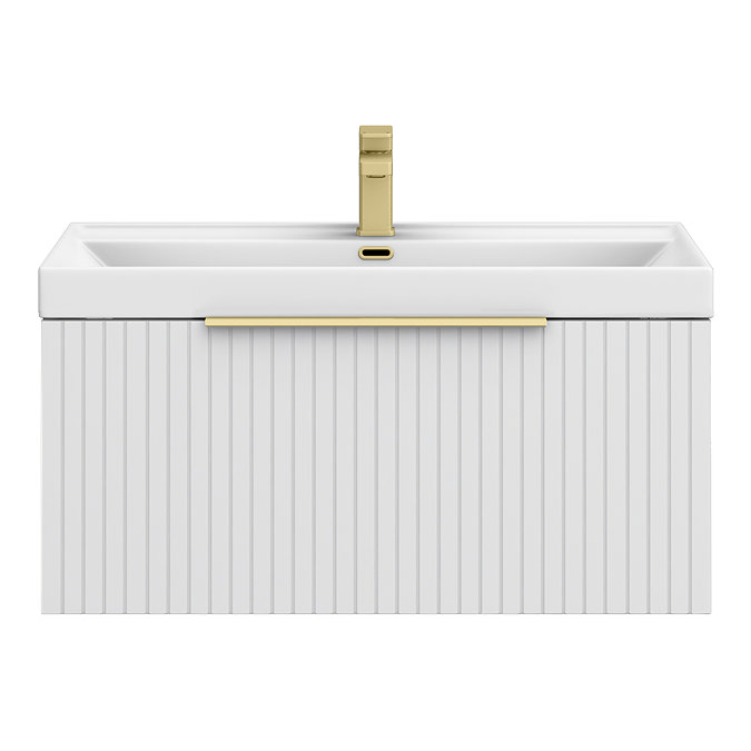 Milan Fluted 800mm Matt White 1-Drawer Wall Hung Vanity Unit with Brushed Brass Handle