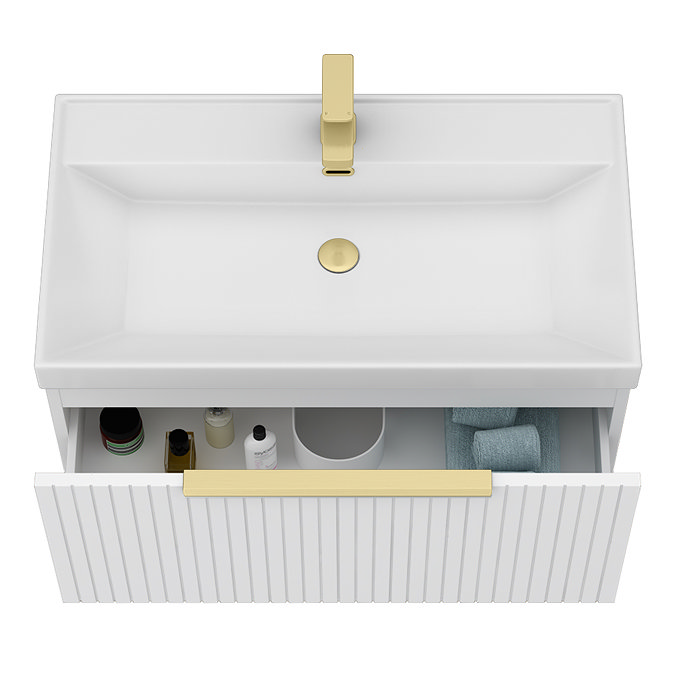 Milan Fluted 800mm Matt White 1-Drawer Wall Hung Vanity Unit with Brushed Brass Handle