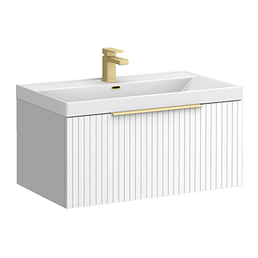 Milan Fluted 800mm Matt White 1-Drawer Wall Hung Vanity Unit with Brushed Brass Handle