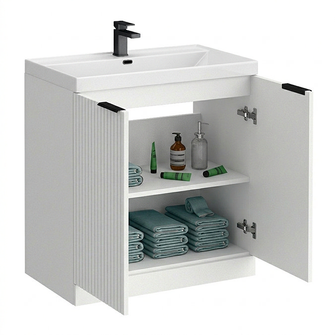 Milan Fluted 800mm Matt White 2-Door Floor Standing Vanity Unit with Matt Black Handles