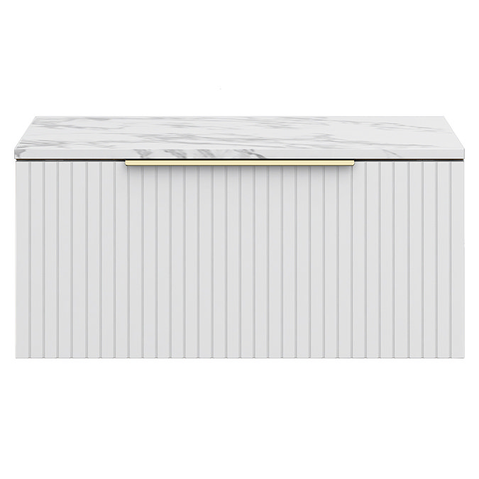 Milan Fluted 800mm Matt White Vanity Unit - Wall Hung 1 Drawer Unit with Carrara Marble Worktop & Brushed Brass Handle