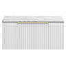 Milan Fluted 800mm Matt White Vanity Unit - Wall Hung 1 Drawer Unit with Carrara Marble Worktop & Brushed Brass Handle