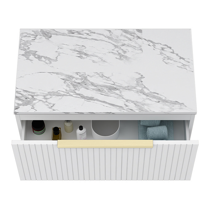 Milan Fluted 800mm Matt White Vanity Unit - Wall Hung 1 Drawer Unit with Carrara Marble Worktop & Brushed Brass Handle