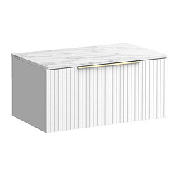 Milan Fluted 800mm Matt White Vanity Unit - Wall Hung 1 Drawer Unit with Carrara Marble Worktop & Brushed Brass Handle