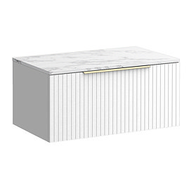 Milan Fluted 800mm Matt White Vanity Unit - Wall Hung 1 Drawer Unit with Carrara Marble Worktop & Brushed Brass Handle