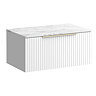 Milan Fluted 800mm Matt White Vanity Unit - Wall Hung 1 Drawer Unit with Carrara Marble Worktop & Brushed Brass Handle