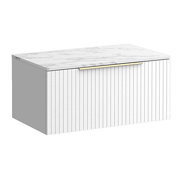 Milan Fluted 800mm Matt White Vanity Unit - Wall Hung 1 Drawer Unit with Carrara Marble Worktop & Brushed Brass Handle