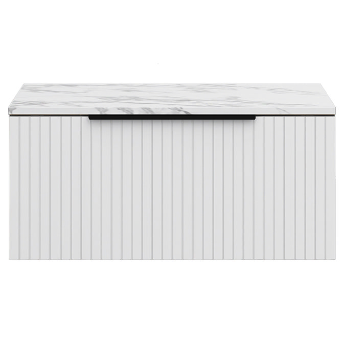 Milan Fluted 800mm Matt White Vanity Unit - Wall Hung 1 Drawer Unit with Carrara Marble Worktop & Matt Black Handle