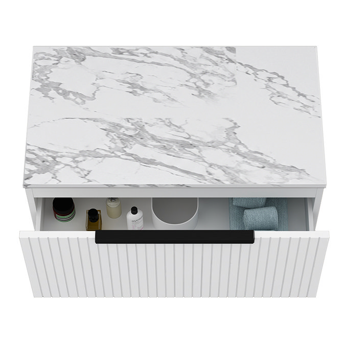 Milan Fluted 800mm Matt White Vanity Unit - Wall Hung 1 Drawer Unit with Carrara Marble Worktop & Matt Black Handle