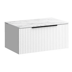 Milan Fluted 800mm Matt White Vanity Unit - Wall Hung 1 Drawer Unit with Carrara Marble Worktop & Matt Black Handle