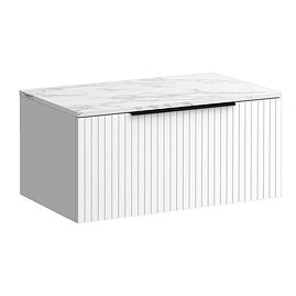 Milan Fluted 800mm Matt White Vanity Unit - Wall Hung 1 Drawer Unit with Carrara Marble Worktop & Matt Black Handle