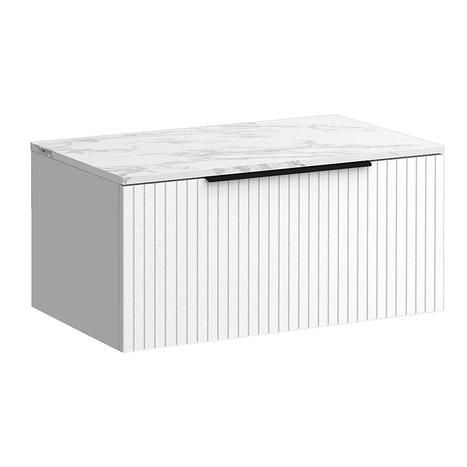 Milan Fluted 800mm Matt White Vanity Unit - Wall Hung 1 Drawer Unit with Carrara Marble Worktop & Matt Black Handle