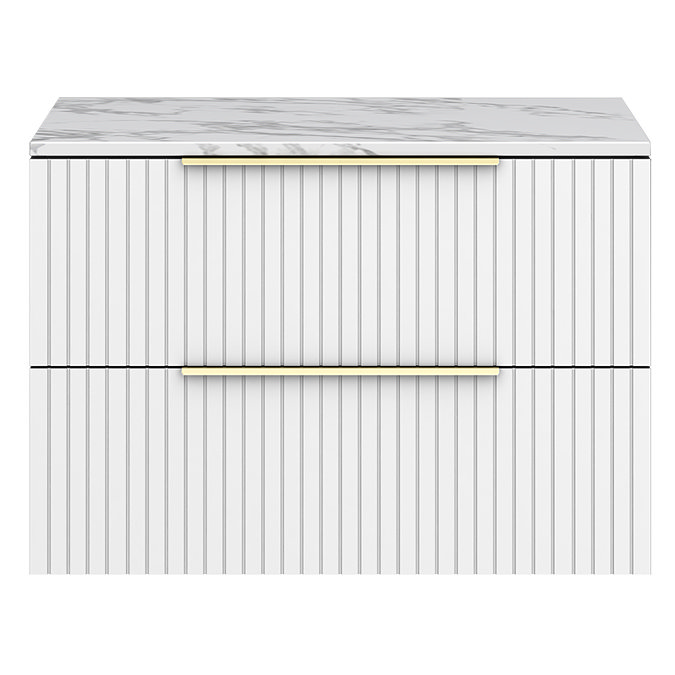 Milan Fluted 800mm Matt White Vanity Unit - Wall Hung 2 Drawer Unit with Carrara Marble Worktop & Brushed Brass Handles