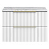 Milan Fluted 800mm Matt White Vanity Unit - Wall Hung 2 Drawer Unit with Carrara Marble Worktop & Brushed Brass Handles