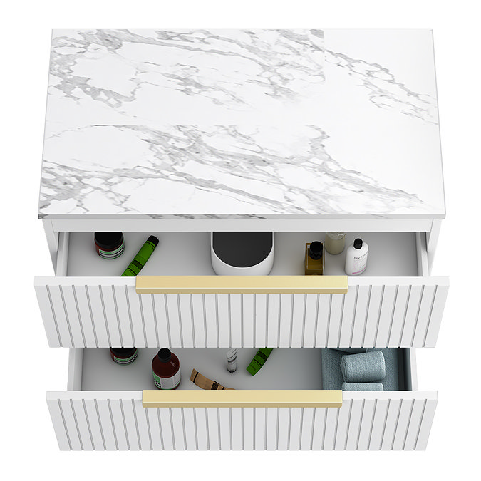 Milan Fluted 800mm Matt White Vanity Unit - Wall Hung 2 Drawer Unit with Carrara Marble Worktop & Brushed Brass Handles