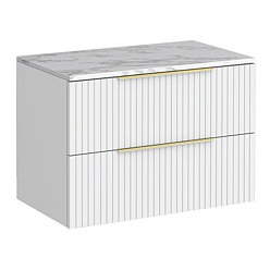 Milan Fluted 800mm Matt White Vanity Unit - Wall Hung 2 Drawer Unit with Carrara Marble Worktop & Brushed Brass Handles