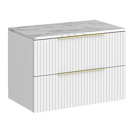 Milan Fluted 800mm Matt White Vanity Unit - Wall Hung 2 Drawer Unit with Carrara Marble Worktop & Brushed Brass Handles