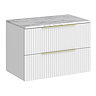 Milan Fluted 800mm Matt White Vanity Unit - Wall Hung 2 Drawer Unit with Carrara Marble Worktop & Brushed Brass Handles