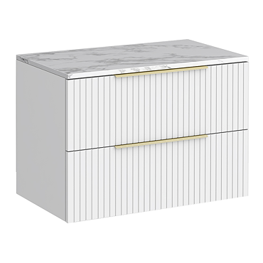 Milan Fluted 800mm Matt White Vanity Unit - Wall Hung 2 Drawer Unit with Carrara Marble Worktop & Brushed Brass Handles