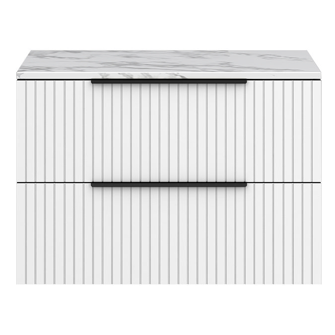 Milan Fluted 800mm Matt White Vanity Unit - Wall Hung 2 Drawer Unit with Carrara Marble Worktop & Matt Black Handles