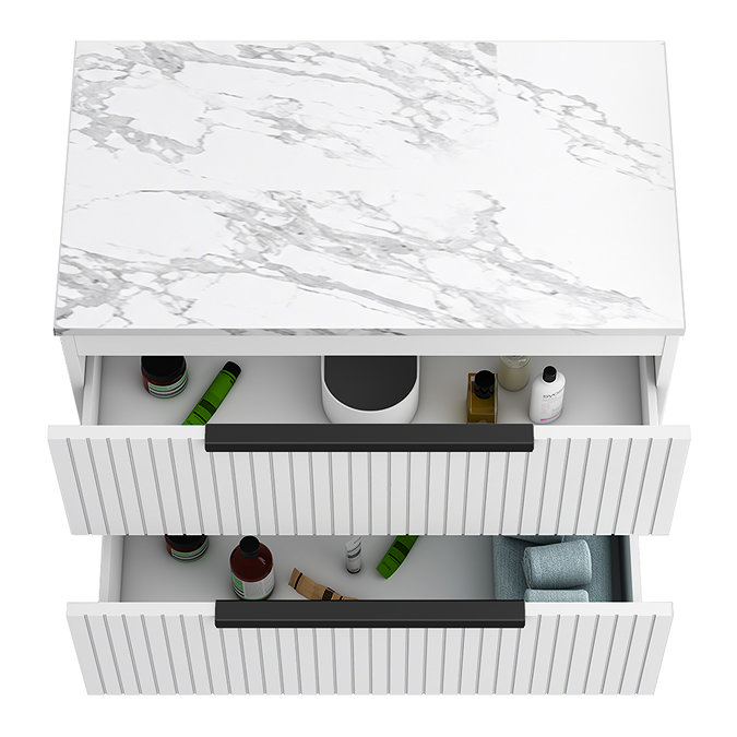 Milan Fluted 800mm Matt White Vanity Unit - Wall Hung 2 Drawer Unit with Carrara Marble Worktop & Matt Black Handles