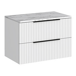 Milan Fluted 800mm Matt White Vanity Unit - Wall Hung 2 Drawer Unit with Carrara Marble Worktop & Matt Black Handles