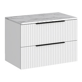 Milan Fluted 800mm Matt White Vanity Unit - Wall Hung 2 Drawer Unit with Carrara Marble Worktop & Matt Black Handles