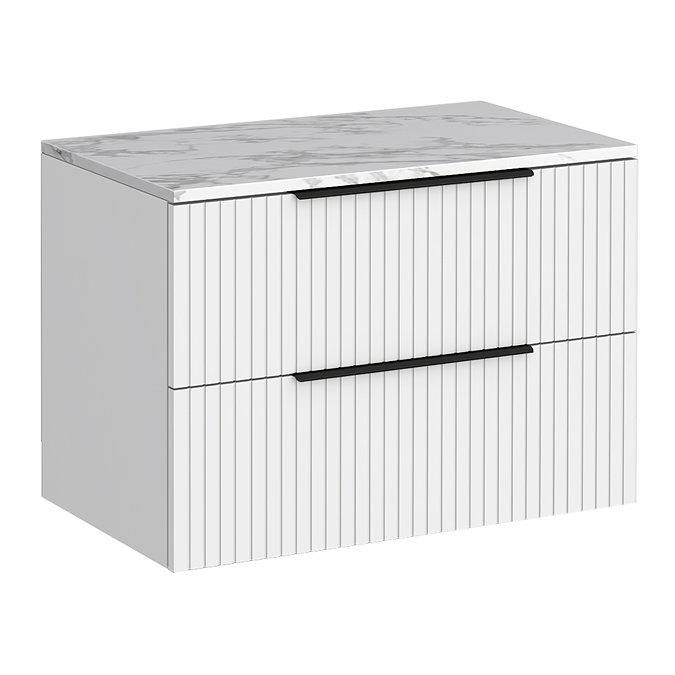 Milan Fluted 800mm Matt White Vanity Unit - Wall Hung 2 Drawer Unit with Carrara Marble Worktop & Matt Black Handles